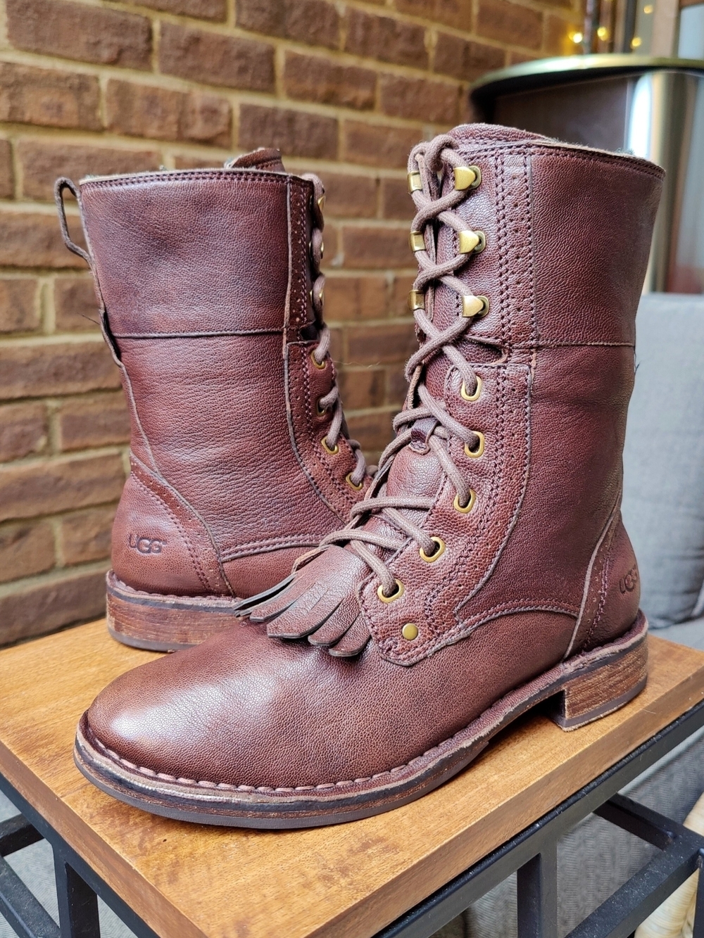 UGG Womens 6 Jenna Military Boots Java Brown Goat Leather Sheepskin Lace Up